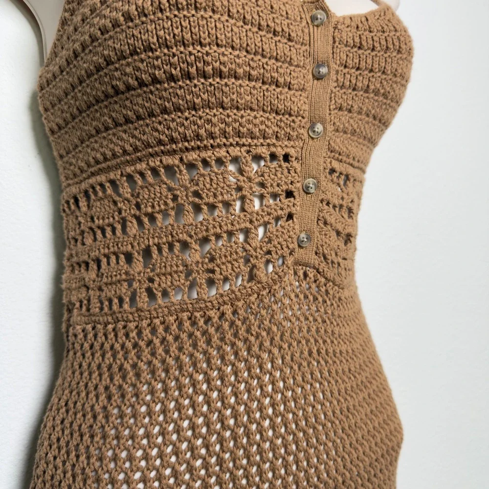 Aerie Women Crochet‎ Knit Cover Up Dress Small Brown Beach Coastal Cowgirl Boho